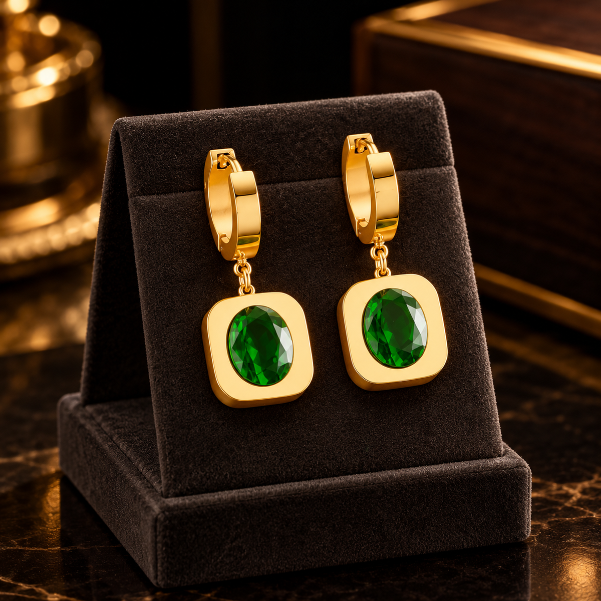 Colar Dourado com Pedra Verde e Brincos Dourados com Zircônia Verde | ZUNELLO