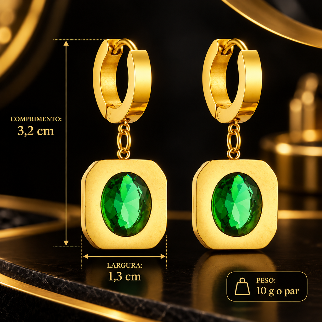Colar Dourado com Pedra Verde e Brincos Dourados com Zircônia Verde | ZUNELLO