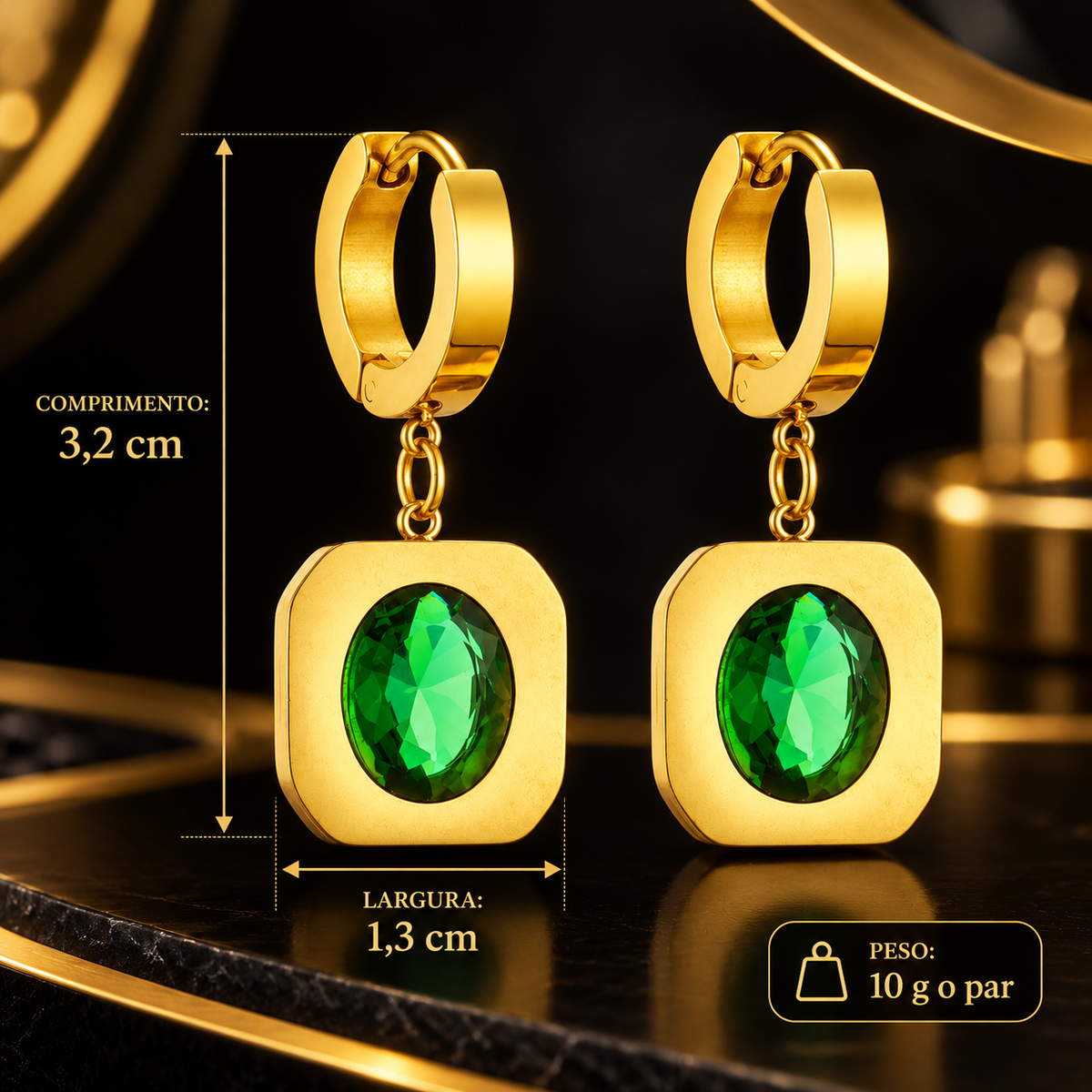 Colar Dourado com Pedra Verde e Brincos Dourados com Zircônia Verde | ZUNELLO