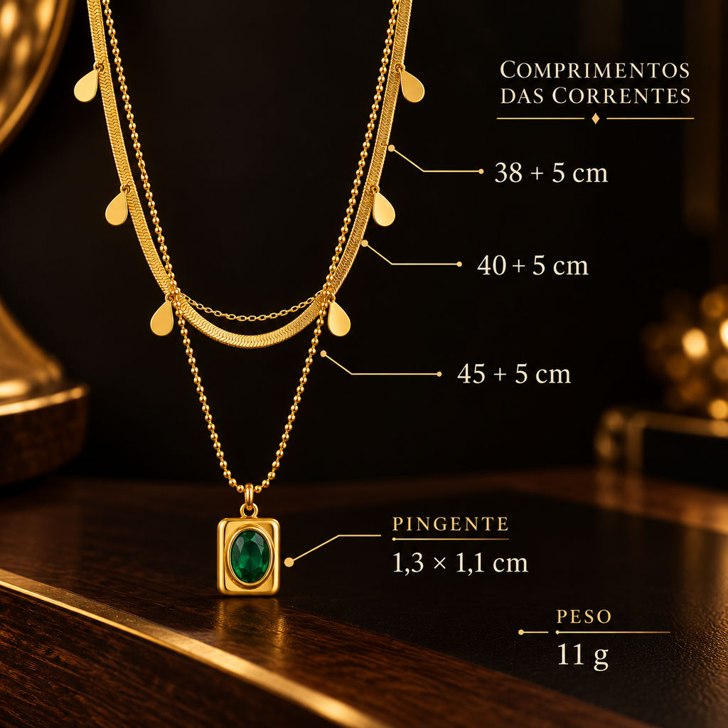 Colar Dourado com Pedra Verde e Brincos Dourados com Zircônia Verde | ZUNELLO