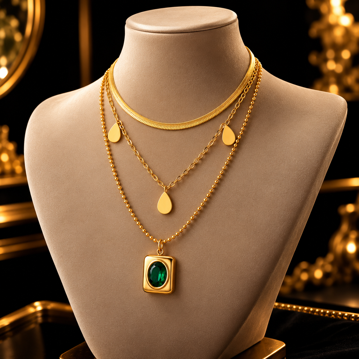 Colar Dourado com Pedra Verde e Brincos Dourados com Zircônia Verde | ZUNELLO