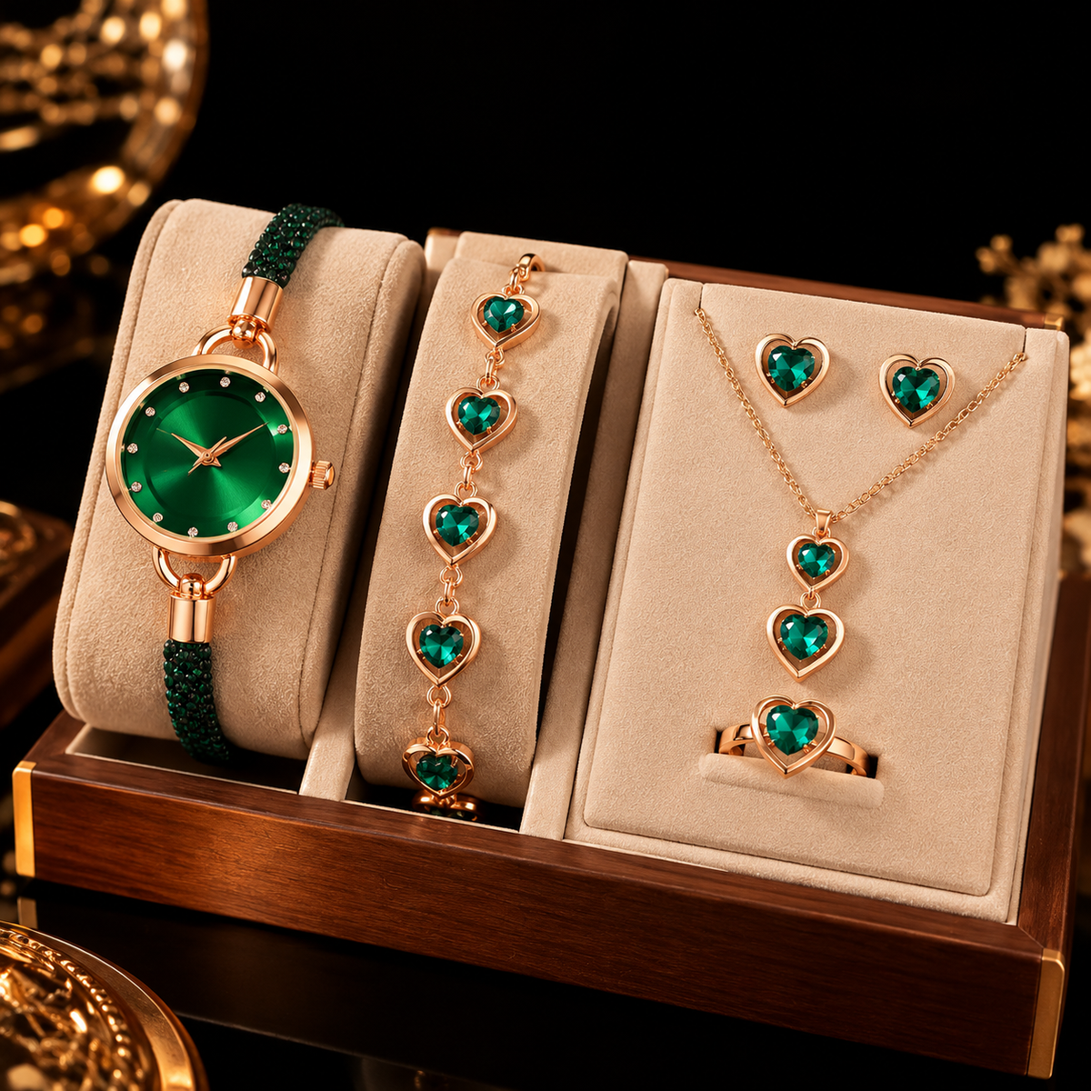 Relógio Feminino Dourado com Pedras Verdes e Conjunto de Joias | ZUNELLO
