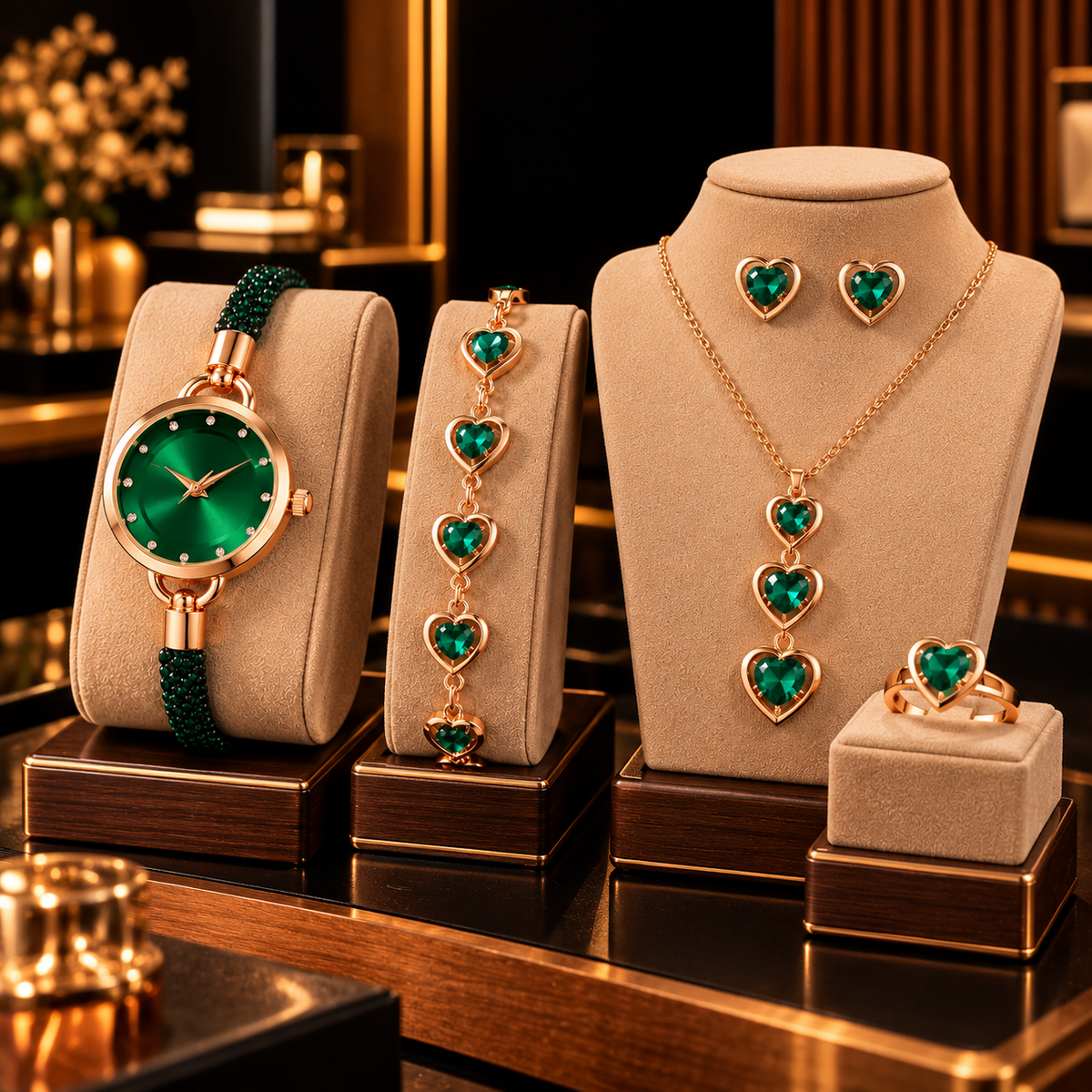 Relógio Feminino Dourado com Pedras Verdes e Conjunto de Joias | ZUNELLO